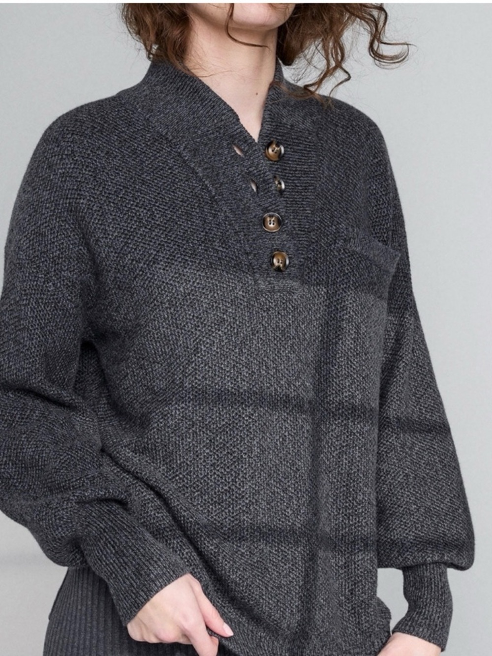 Lunya Cozy Cotton Silk Henley Sweater Gray Waffle Knit Oversized L XL NWOT - Picture 8 of 8